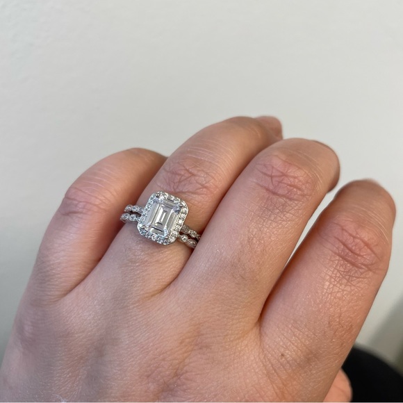 Emerald Cut Engagement Ring Set, Bridal Set, Sterling Silver with Sparkling CZ - Picture 4 of 10